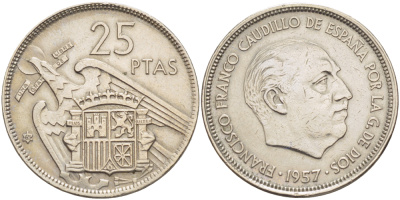 ИСПАНИЯ 25 ПЕСЕТ 1957 (65) ФРАНСИСКО ФРАНКО ДИКТАТОР ИСПАНИИ ( 1939- 1975) KM 787 медно-никель 216-716