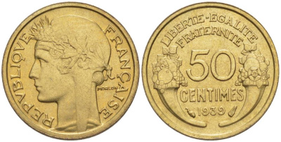 ФРАНЦИЯ 50 САНТИМОВ 1939 ТИП MORLON KM 894.1, LE FRANC 192.15 алюминиевая бронза 44-868