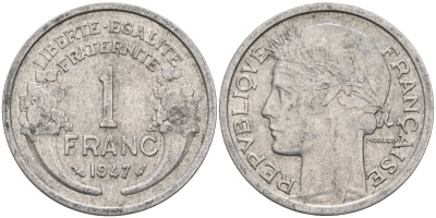Франция 1 франк 1947 KM 885a.1 алюминий 4142-953
