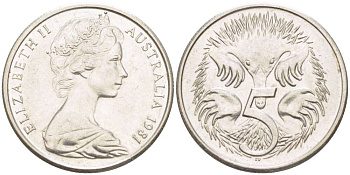 Австралия 5 центов 1981 Елизавета II (1952-2022), ехидна KM 64 медно-никель 4516-663