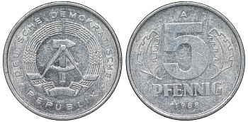 ГДР 5 ПФЕННИГОВ 1988 А алюминий 62-543