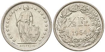 Швейцария 1/2 франка 1964 B KM 23 серебро UNC 4615-1016