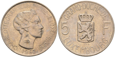 Люксембург 5 франков 1962 Великая герцогиня Шарлотта (1919-1964) KM 51 медно-никель 4143-1244
