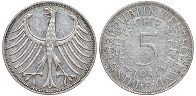 ФРГ 5 марок 1951 F, KM 112.1, J.387 серебро 4178-842