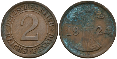 Германия 2 рейхспфеннига 1924 A J.314 KM 38 бронза    4598-747
