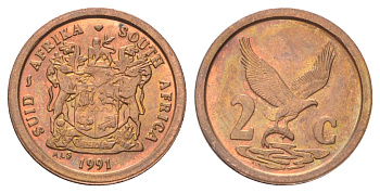ЮАР 2 цента 1991 орел с рыбой KM 133 сталь плакированная медью UNC 4696-937
