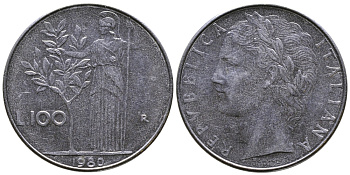 ИТАЛИЯ 100 ЛИР 1980 R, АФИНА KM 96.1 сталь 3333-846