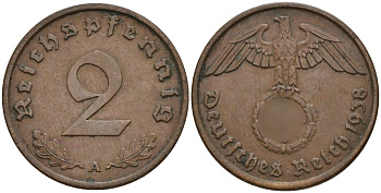 Германия 2 рейхспфеннига 1938 A KM 90, J. 362 бронза 4147-1258