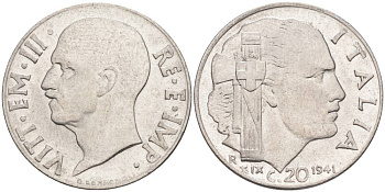 ИТАЛИЯ 20 ЧЕНТЕЗИМО 1941 R, ГОД XIX, ВИКТОР ЭММАНУИЛ III (1900-1946) KM 75b, VEM3. 1028 нержавеющая сталь 3853-1033