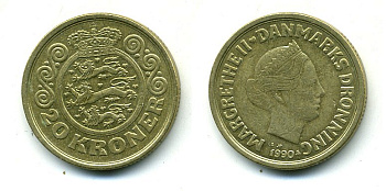 ДАНИЯ 20 КРОН 1990 LG; JP; A, МАРГРЕТЕ II (1972-) KM 871 алюминиевая бронза 25-843