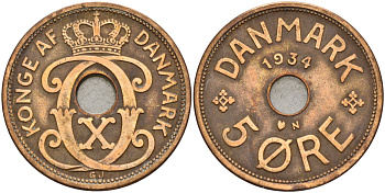Дания 5 эре 1934 Кристиан X (1912-1947) KM 828 бронза 4148-221