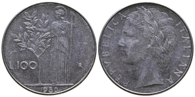 ИТАЛИЯ 100 ЛИР 1980 R, АФИНА KM 96.1 сталь 3333-846