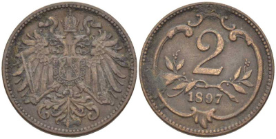 АВСТРИЯ 2 ГЕЛЛЕРА 1897 ФРАНЦ ИОСИФ (1846-1918) KM 2801 бронза 201-951