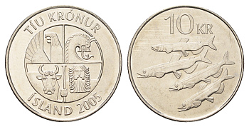Исландия 10 крон 2005 рыбы KM 29.1a сталь плакированная никелем UNC 4691-252