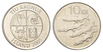 Исландия 10 крон 2005 рыбы KM 29.1a сталь плакированная никелем UNC 4691-252