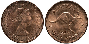 Австралия 1/2 пенни 1959 Елизавета II (1952-), Кенгуру KM 61 бронза UNC 60-833