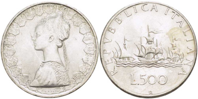 Италия 500 лир 1958 R, корабли Колумба KM 98 серебро 32-635