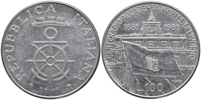 Италия 100 лир 1981 R, 100 лет Военно-морской Академии в Ливорно KM 108 нержавеющая сталь 4165-124