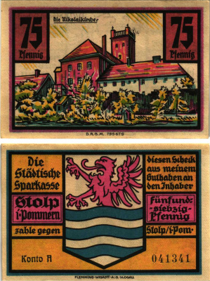 ШТОЛЬПЕ (СЛУЦК) 75 ПФЕННИГОВ 1922 НОТГЕЛЬД, ЗЕМЛЯ ПОМЕРАНИЯ (ПОЛЬША), KONTO A Grabowski 1275.1a бумага 8608-12-3-2
