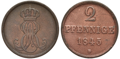 Ганновер 2 пфеннига 1845 B, Эрнст Август (1837-1851) KM 202.1, AKS 124, J. 75 медь 75-1827