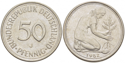 ФРГ 50 ПФЕННИГОВ 1982 J KM 109.2 медно-никель 4392-941