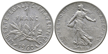 ФРАНЦИЯ 1 ФРАНК 1960 СЕЯТЕЛЬ KM 925.1, LE FRANC 226.4 никель 4385-1012