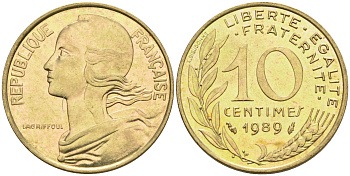 Франция 10 сантимов 1989 тип Marianne KM 929, le Franc 144.29 алюминиевая бронза 4594-1223