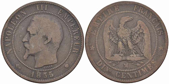 ФРАНЦИЯ 10 САНТИМОВ 1855 MA, НАПОЛЕОН III (1852-1870) KM 771.6, LE FRANC 133.29 бронза 38-1032