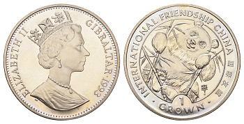 Гибралтар 1 крона 1993 Международная дружба с Китаем, панда KM 184 медно-никель BU 1524-1713