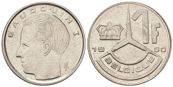 Бельгия 1 франк 1990 BELGIQUE, Бодуэн I (1951-1993) KM 170 нержавеющая сталь 4547-721