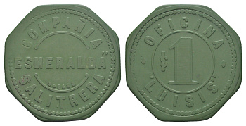 Чили, Луизис (Luisis), Антофагаста шахтерский жетон с Селитряного рудника для покупки в местных магазинах, номиналом в 1 песо около 1905 размер 42x42 мм, вес 4,70 гр Espinosa 189.3 эбонит (зеленый) 01-236-11