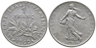 ФРАНЦИЯ 1 ФРАНК 1960 СЕЯТЕЛЬ KM 925.1, LE FRANC 226.4 никель 4385-1012