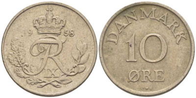 ДАНИЯ 10 ЭРЕ 1958 C; S, ФРЕДЕРИК IX (1947-1972) KM 841.2 медно-никель 4387-815