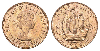 Великобритания 1/2 пенни 1966 Елизавета II (1952-2022) KM 896, Spink 4158 бронза aUNC 4662-1246