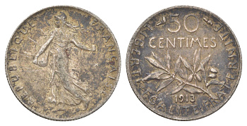 Франция 50 сантимов 1913 KM 854 серебро 4623-1164