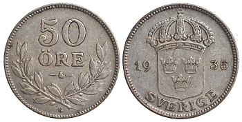 Швеция 50 эре 1935 G, Густав V (1907-1950) KM 788 серебро 4179-944