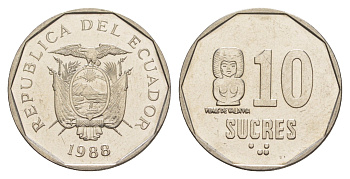 Эквадор 10 сукре 1988 KM 92.1 сталь плакированная никелем UNC 4641-714
