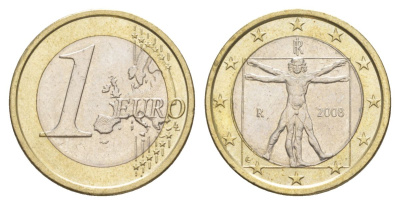 Италия 1 евро 2008 Витрувианский человек KM 250 биметалл aUNC 4629-431