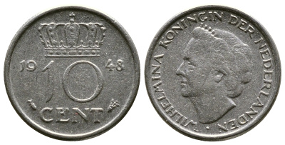 Нидерланды 10 центов 1948 Вильгельмина (1895-1948) KM 177 никель 261-629
