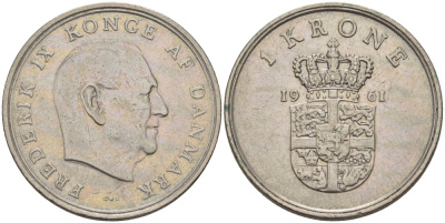 ДАНИЯ 1 КРОНА 1961 C; S, ФРЕДЕРИК IX (1947-1972) KM 851.1 медно-никель 67-556