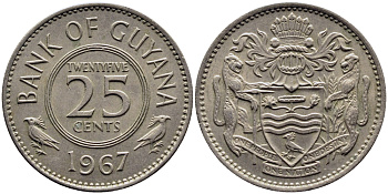 ГАЙАНА 25 ЦЕНТОВ 1967 РЕСПУБЛИКА KM 34 медно-никель 57-1267