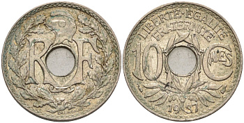 Франция 10 сантимов 1937 KM 866а, Le Franc 138.24 медно-никель 4591-1047