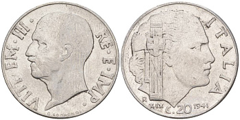 ИТАЛИЯ 20 ЧЕНТЕЗИМО 1941 R, ГОД XIX, ВИКТОР ЭММАНУИЛ III (1900-1946) KM 75b, VEM3. 1028 нержавеющая сталь 3853-1151