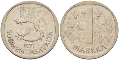 ФИНЛЯНДИЯ 1 МАРКА 1971 S KM 49а медно-никель 3718-714