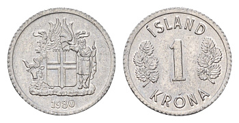 Исландия 1 крона 1980 KM 23 алюминий UNC 4687-827