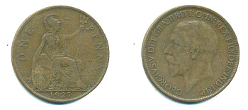 Великобритания 1 пенни 1927 Георг V (1910-1936) КМ 826, Spink 4054 бронза 4383-636