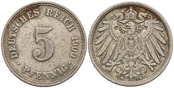 Германия 5 пфеннигов 1900 A KM 11, J. 12 медно-никель 4151-424