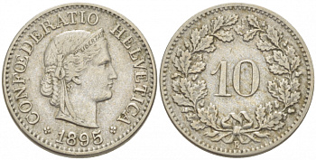 Швейцария 10 раппенов 1895 KM 27 медно-никель 3955-623