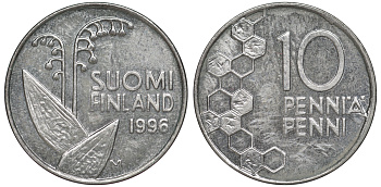 ФИНЛЯНДИЯ 10 ПЕННИ 1996 M, ЛАНДЫШ KM 65 медно-никель 3334-1154