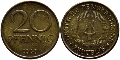 ГДР 20 пфеннигов 1969 А, первый год KM 11 латунь UNC 4398-743